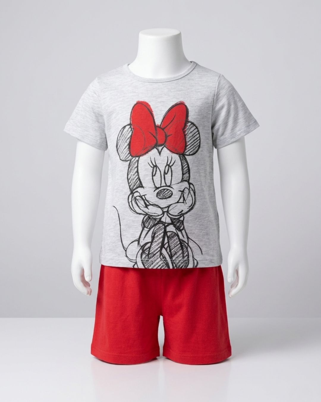 Conjunto niña Minnie Mouse camiseta gris y pantalón corto rojo cómodo